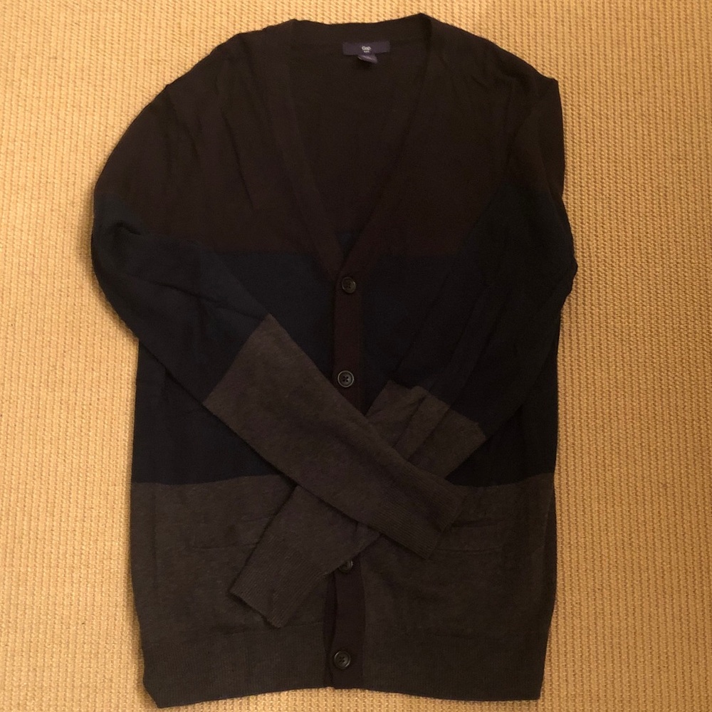 GAP Men's Colorblock V-Neck Cardigan in Navy, Charcoal & Black Preowned S